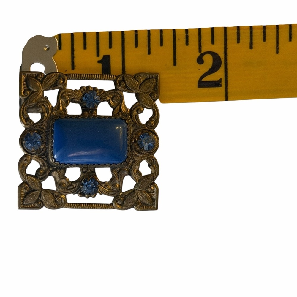 Antique Art Deco Czech Blue Rhinestone Cabochon Stone Filigree Leaf Brooch 1920s - Picture 2 of 5